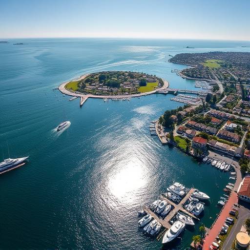 Aerial view of Newport Beach harbor with yachts, Balboa Island, and waterfront homes.