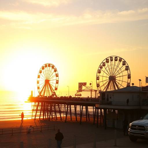 Golden sunset over Santa Monica Pier with the Ferris wheel and amusement park attractions.