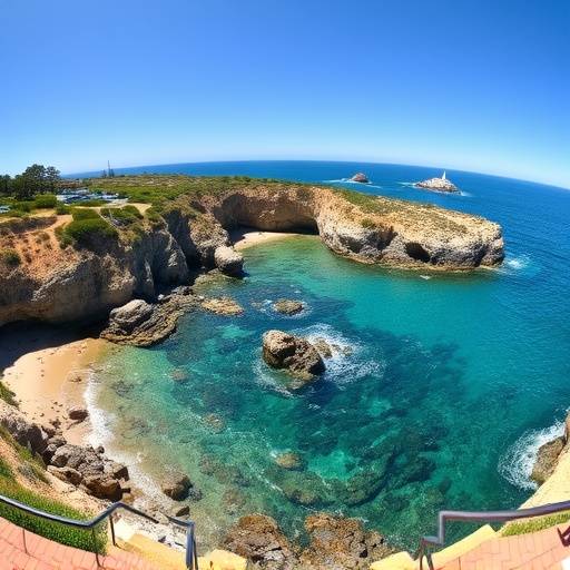 Panoramic view of La Jolla Cove with turquoise water and sandstone cliffs.