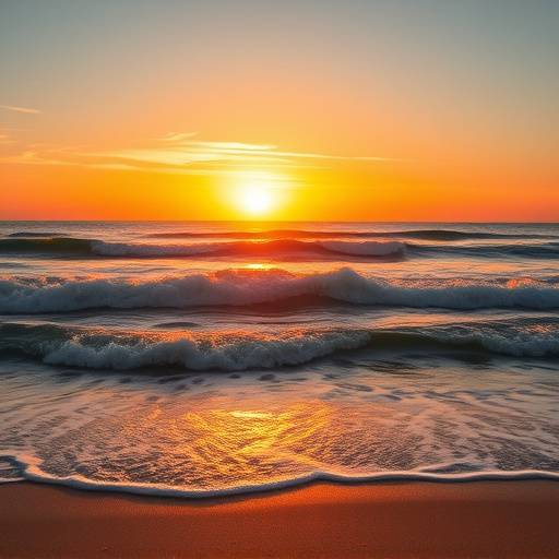 Sun setting over the Pacific Ocean in Malibu, with waves crashing on the sandy beach.