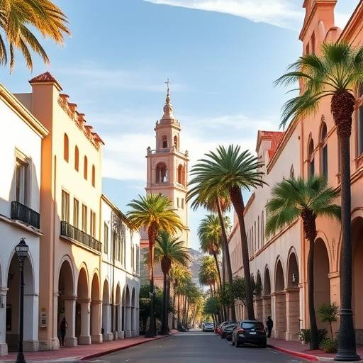 View of Santa Barbara's State Street with Spanish Colonial architecture and palm trees lining the street.